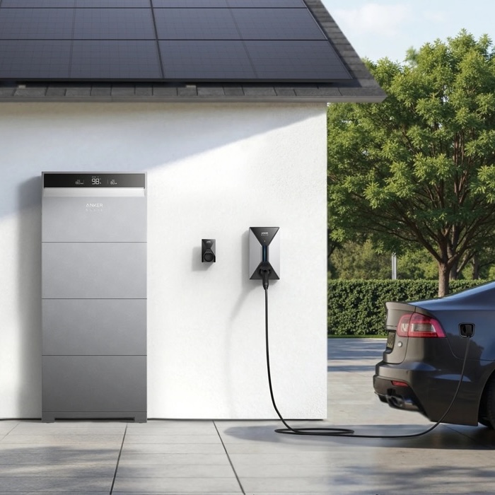 Anker Solix Stromspeicher an Hauswand mit Photovoltaikanlage auf dem Dach und angeschlossenem Elektroauto an Wallbox